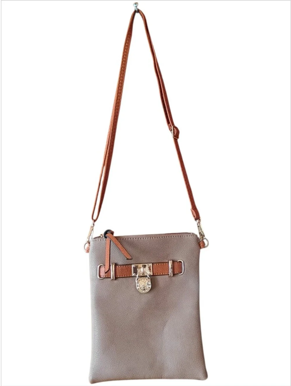 Crossbody Purse Tan Brown Gold Details Small Faux Leather 7W x 9H